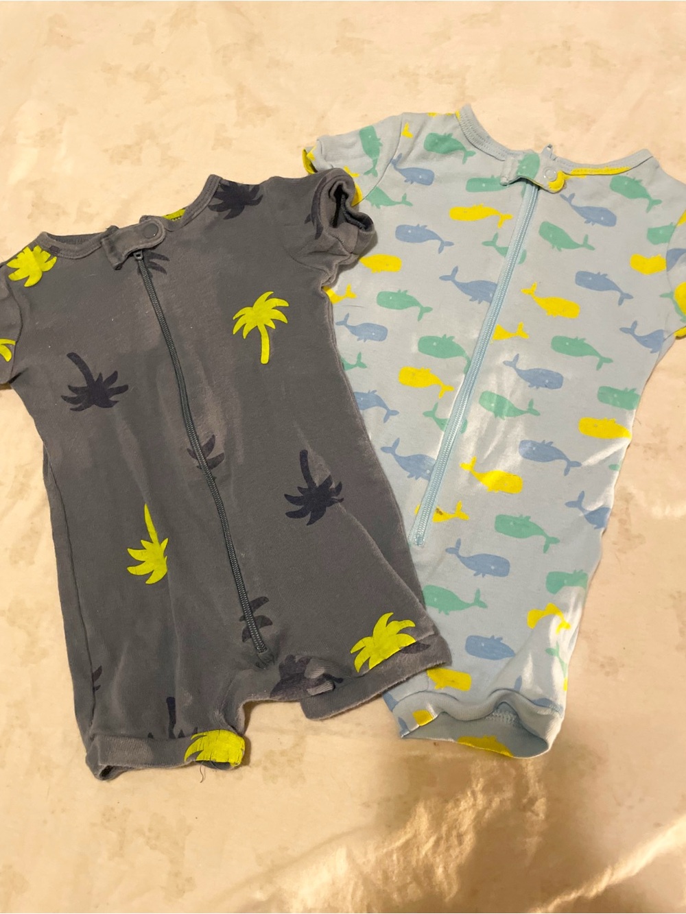 3/$30 Joe Fresh Baby Short Sleeve Zipper Rompers in Gray and Light Blue